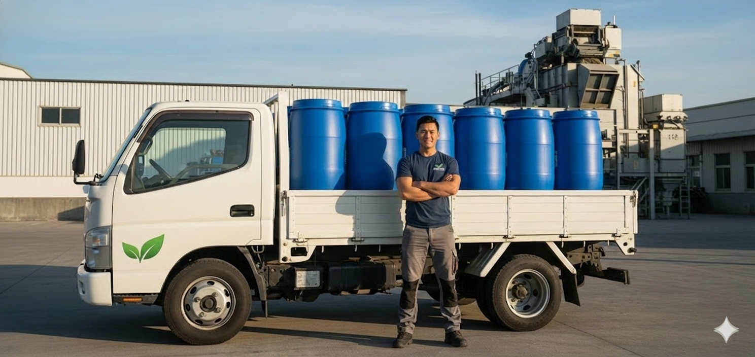 五噸貨車載滿藍色廚餘桶